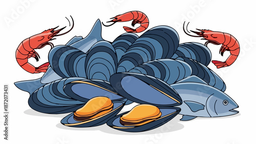 A pile of fresh seafood, including mussels, fish, and shrimp, presented artfully