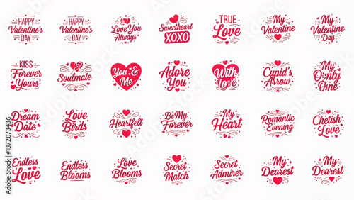 Collection of romantic typography design elements and heartfelt love messages, perfect for Valentine's Day greetings, wedding invitations, and relationship celebrations, featuring elegant script