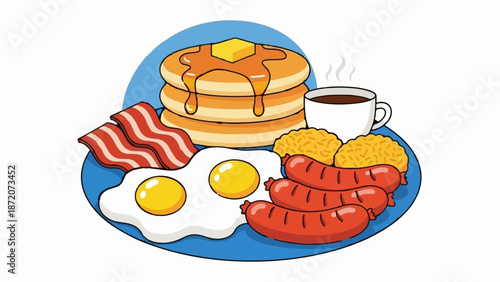 A hearty breakfast of pancakes, eggs, bacon, sausages, and coffee served on a blue plate