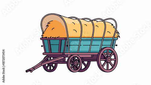 A rustic wagon filled with hay, supported by wooden wheels