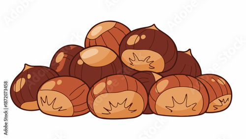A pile of illustrated chestnuts, showing their brown, glossy shells and lighter tan insides