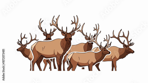 A herd of elk with large antlers stand closely together