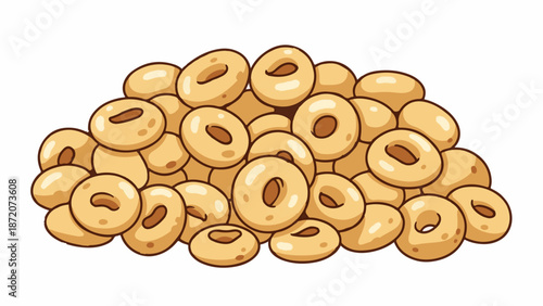 A pile of small, circular, puffed cereal pieces with a light brown hue