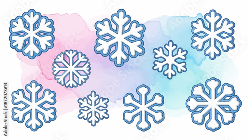 A scattering of white and blue stylized snowflakes against a soft watercolor wash background of pink and blue hues