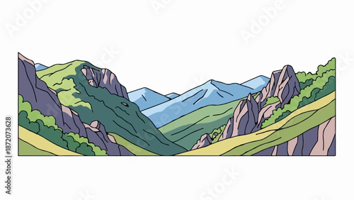 A scenic mountain valley with rolling green hills, jagged rocks, and distant blue peaks
