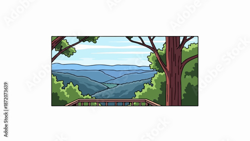 A scenic view of rolling blue hills and sky from a wooden balcony