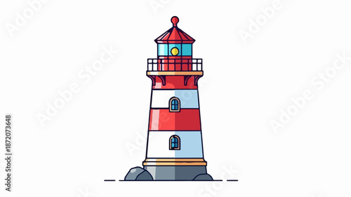 A red and white striped lighthouse on rocks with windows and a light at the top