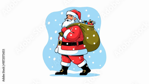 A jolly Santa Claus walks through falling snow, carrying a sack full of gifts