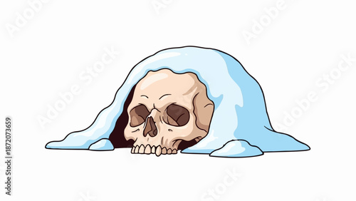 A human skull peeks from under a soft mound of light blue snow