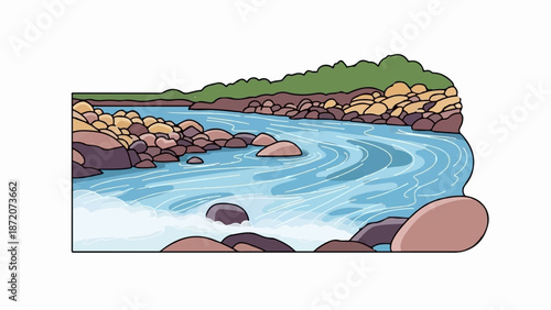 A scenic river flows past rocky shores and lush green foliage under a clear sky