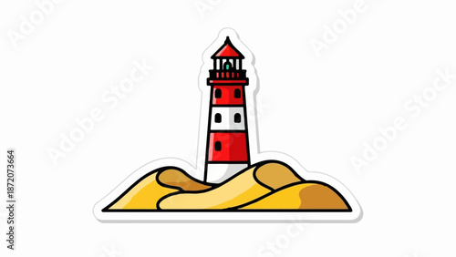 A red and white striped lighthouse stands tall on sandy dunes under a clear sky