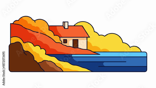 A house sits on a colorful hillside beside a calm blue body of water