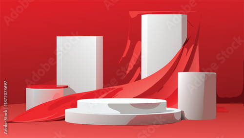 Red curtain draped within a white frame, set against a plain white background..eps