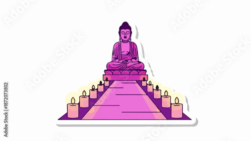 A pink Buddha statue sits atop a platform, flanked by a path lined with candles