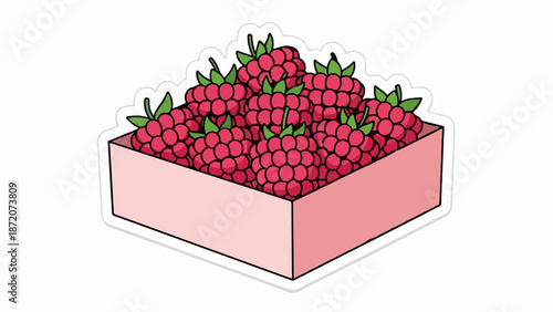 A pink box filled with ripe, red raspberries, presented as a sticker with a white border