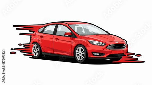 A red car streaks forward, leaving a trail of abstract red shapes behind it