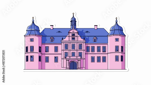 A pink building with blue roofs and towers, featuring many windows and an arched doorway