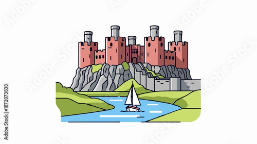 A pink castle sits on rocky terrain above a tranquil river with a lone sailboat