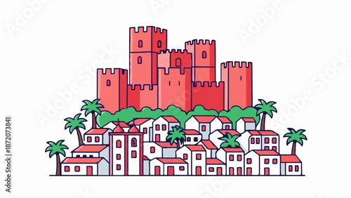 A red castle looms over a village with white houses and palm trees