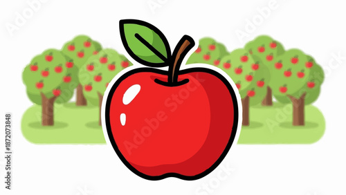 A large, bright red apple sits in front of a row of apple trees on a grassy field