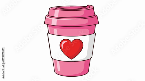 A pink disposable cup with a red heart emblem