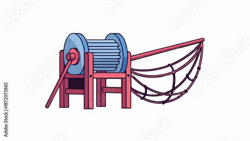 A red contraption with a blue reel and attached net, designed for scooping or collecting