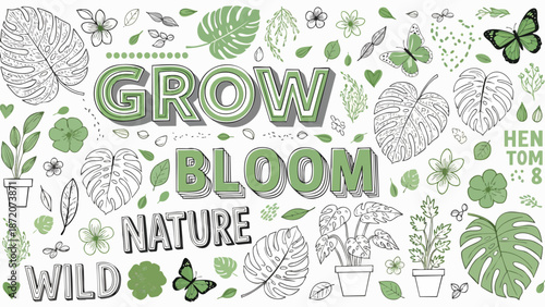 Elegant hand-drawn botanical collage featuring lush green leaves, delicate flowers, and playful butterflies, embodying natural vitality and decorative organic beauty