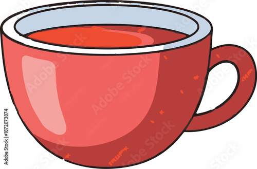 A red cup with a light blue rim filled with red liquid and small orange specks
