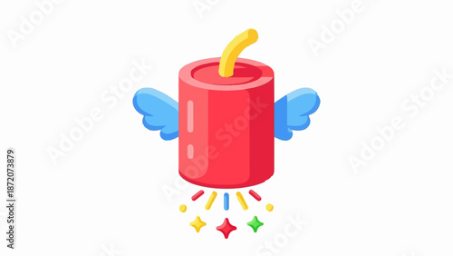 A red cylindrical object with blue wings and a yellow wick is flying, emitting colorful sparks below