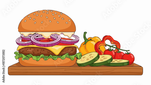 A large, juicy hamburger with fresh toppings and colorful vegetables