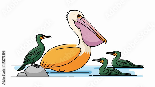 A large pelican with a pink pouch stands in blue water with three small green birds