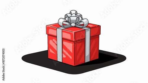 A red gift box with a white ribbon and bow sits on a black surface with a shadow