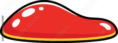 A red, glossy, amorphous blob with white oval highlights and a thin yellow and black border