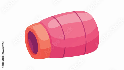A pink sleeping bag with a coral opening is shown from the side against a white background