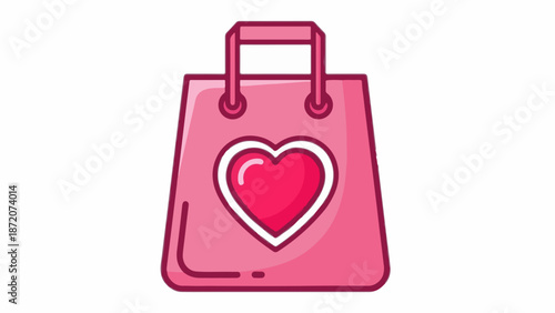 A pink shopping bag with a red heart emblem, presented in a minimalist, flat design