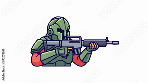A pixel art character in green futuristic armor holding a rifle, aiming forward against a white background