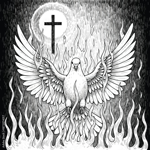 Spiritual dove descending surrounded by dramatic religious flames while holding a crucifixion cross symbol