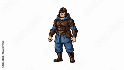 A pixel art figure of a person in medieval attire, standing ready