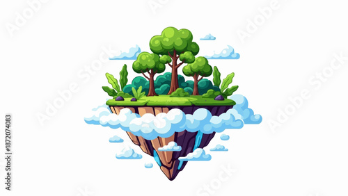 A pixel art floating island with lush green trees and plants, surrounded by fluffy clouds