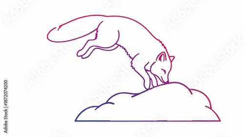 A fox is depicted mid-jump, its outline transitioning from pink to purple, over a stylized mound