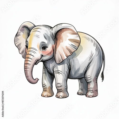Watercolor style illustration of an elephant standing, isolated on white background
