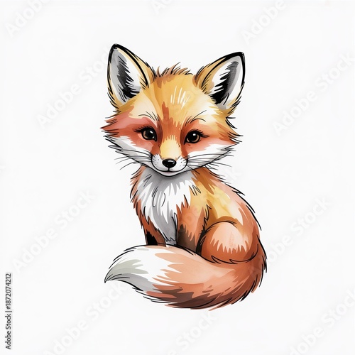 Watercolor style illustration of a fox sitting, isolated on white background
