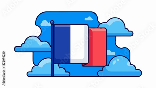 A French flag waves proudly against a backdrop of stylized blue clouds and sky