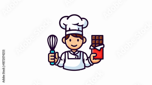 A friendly cartoon chef wearing a hat and apron holds a whisk and a chocolate bar, ready to bake