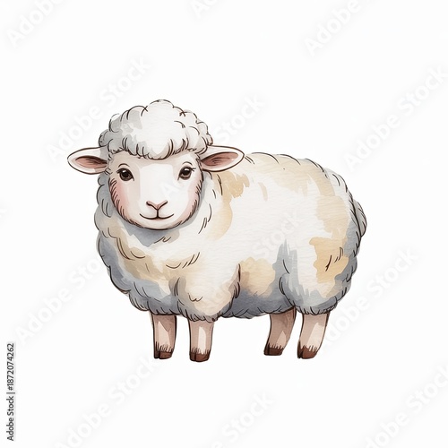 Watercolor style illustration of a sheep standing, isolated on white background