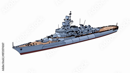 A detailed, low-resolution illustration of a formidable warship, complete with numerous turrets and a helipad