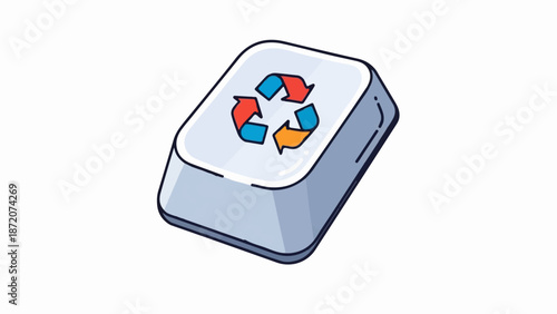 A light blue computer keycap with a colorful recycling symbol on it
