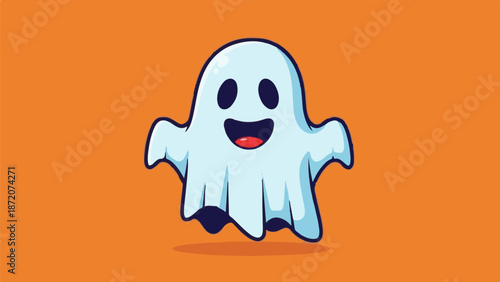 A friendly, cartoon ghost with wide eyes and a happy, open mouth floats against an orange background
