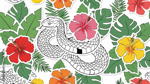 A detailed outline of a snake entwined with tropical flowers and lush green leaves