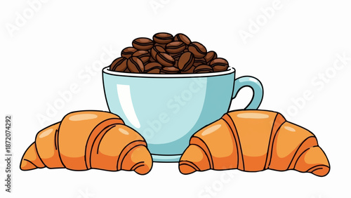 A light blue cup filled with dark brown coffee beans sits behind two golden croissants